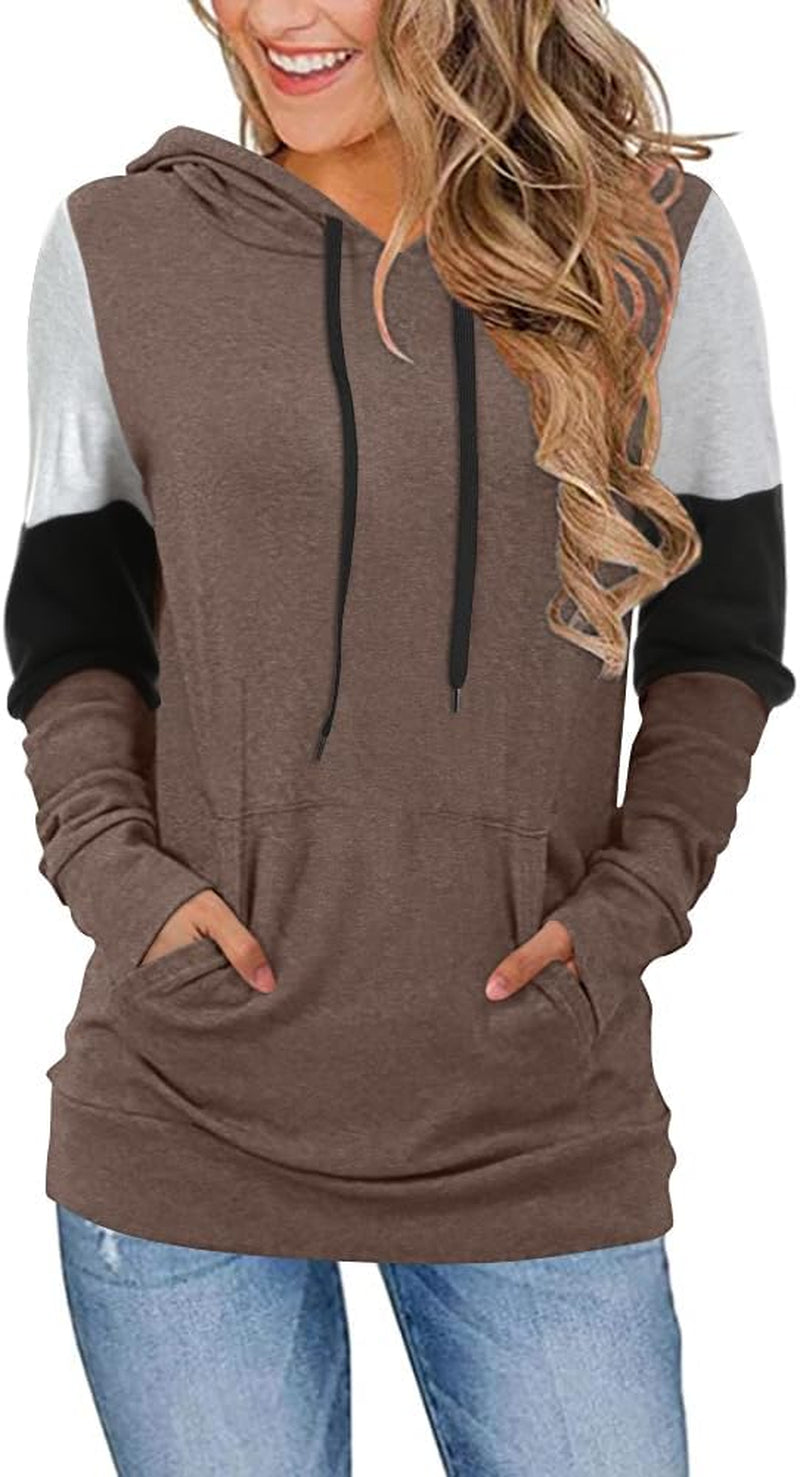 Women'S Casual Drawstring Pullover Tunic Top Long Sleeve Color Block Hoodie Sweatshirts with Pocket