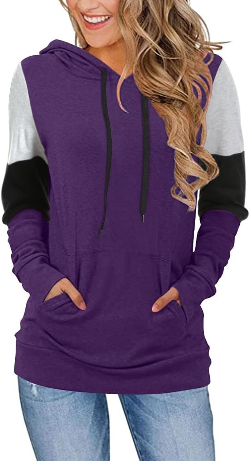 Women'S Casual Drawstring Pullover Tunic Top Long Sleeve Color Block Hoodie Sweatshirts with Pocket