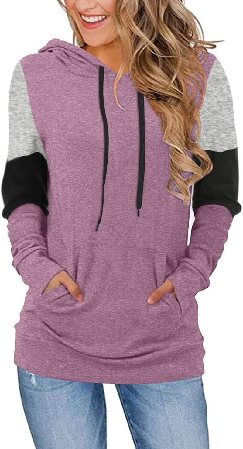 Women'S Casual Drawstring Pullover Tunic Top Long Sleeve Color Block Hoodie Sweatshirts with Pocket