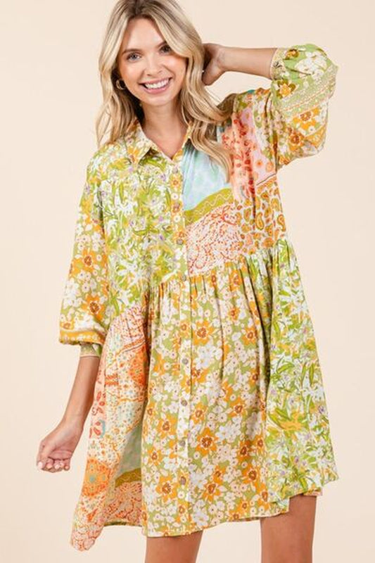 Mittoshop Floral Button Detail Long Sleeve Shirt Dress