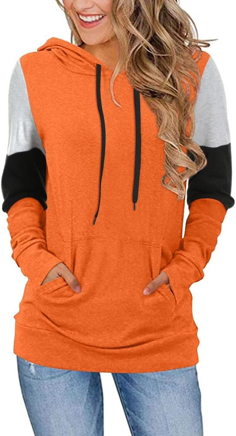 Women'S Casual Drawstring Pullover Tunic Top Long Sleeve Color Block Hoodie Sweatshirts with Pocket
