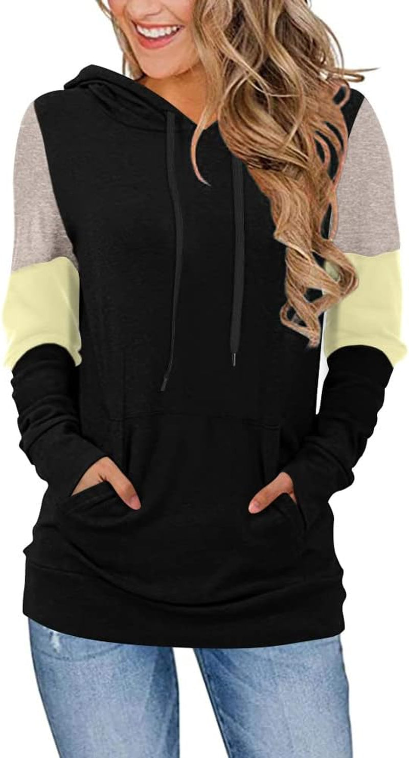 Women'S Casual Drawstring Pullover Tunic Top Long Sleeve Color Block Hoodie Sweatshirts with Pocket