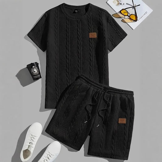 Men's Solid Color Patch Design Rib Short Sleeve Two-piece Set