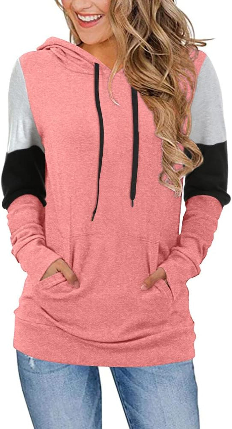 Women'S Casual Drawstring Pullover Tunic Top Long Sleeve Color Block Hoodie Sweatshirts with Pocket